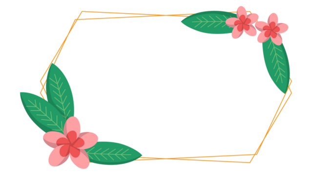 Golden geometric frame adorned with pink flowers  green leaves, perfect for wedding invitations, greeting cards, or feminine designs.