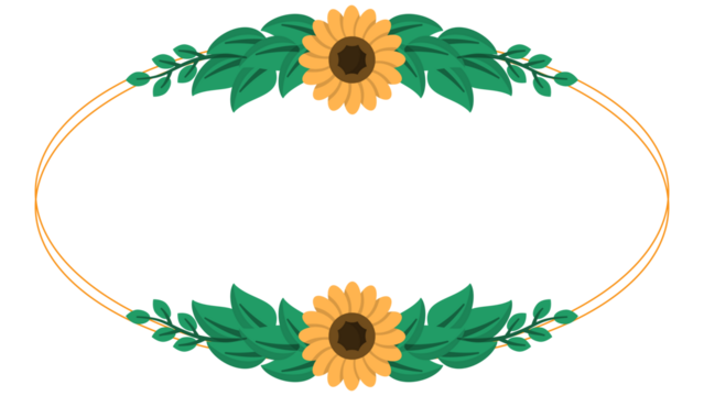 Sunflower framed in a golden oval with leaves vibrant and natural. Suitable for nature themed designs, web graphics, and spring promotions.
