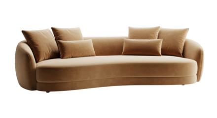 A curved sofa with brown pillows on transparent background