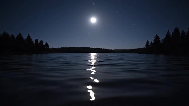 Full moon casts a luminous reflection across a tranquil lake at night with forest silhouettes
