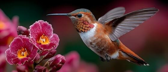 Obraz premium A hummingbird is flying over a pink flower