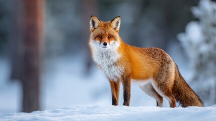 Red fox, Vulpes vulpes, in snow, a wild winter mammal predator with red fur, isolated on white