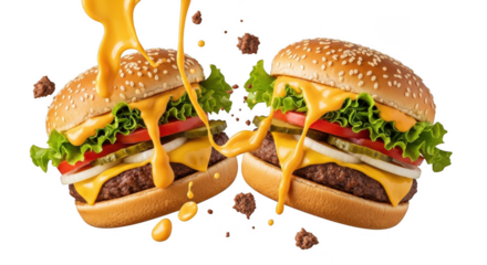 Two cheeseburgers with cheese sauce on transparent background