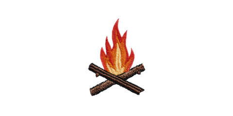 A simple embroidered image of a campfire with flames and crossed logs, set against a dark background