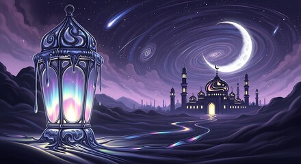 A mystical ramadan night unfolds with a glowing lantern and a crescent moon illuminating a mosque and a starry sky, creating a serene and spiritual atmosphere