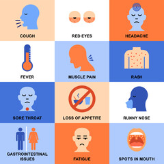 Measles symptoms chart and infographic or educational medical poster with rash, fever, cough and infectious disease signs for children, flu, mumps, rubella and viral illness awareness or prevention