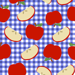 Seamless pattern of red apples and apple slices in flat design on blue gingham background for kitchen, textile, and wrapping design.