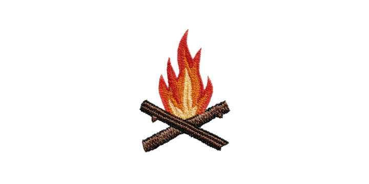 A simple embroidered image of a campfire with flames and crossed logs, set against a dark background