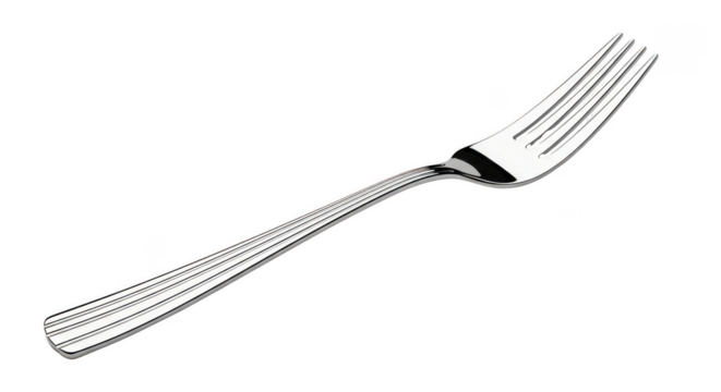 Shiny silver metal fork on transparent background