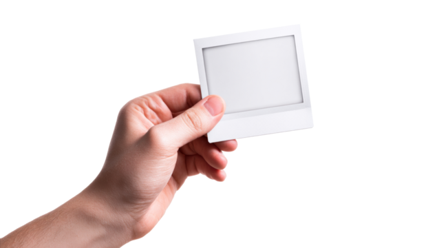 hand holding a empty polaroid photo template. blank photo frame mockup. Vintage Card on transparent background