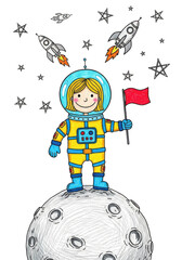 Illustration of a girl astronaut on the moon among stars and rockets