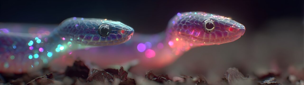 Two glowing snakes are on a rock