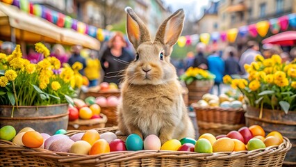 A charming bunny rabbit sits amidst a vibrant easter market stall, surrounded by colorful eggs and blooming yellow flowers, with festive decorations and blurred shoppers in the background