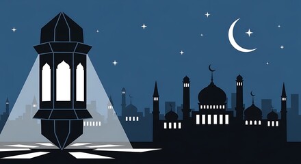 Ramadan lantern and mosque silhouette against a starry night sky with crescent moon, symbolizing islamic culture and religious celebration