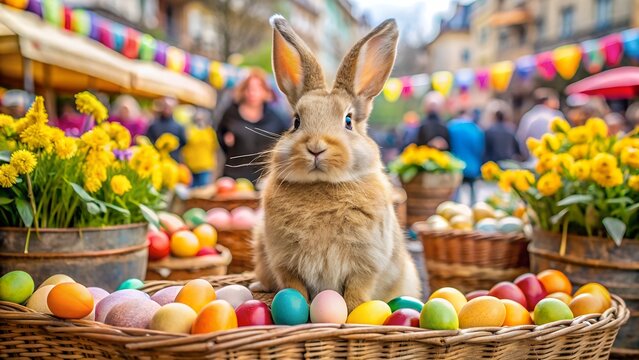 A charming bunny rabbit sits amidst a vibrant easter market stall, surrounded by colorful eggs and blooming yellow flowers, with festive decorations and blurred shoppers in the background - Powered by Adobe