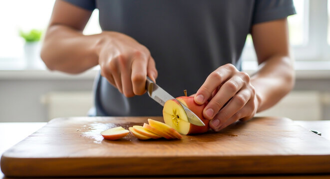 Man slicing fresh apple on a wooden board in the kitchen at home