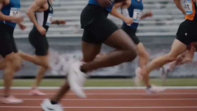athlete and runner contest in sprint race on track. stadium seating frames competition area. speed defines each lap inside marked lane. close spacing between contenders. timing records lap time.