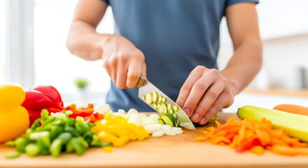 Man slicing fresh vegetables on a wooden board in the kitchen at home