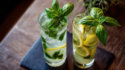 Fototapeta premium Mint basil lemonade Turkish style refreshing summer drink transparent tall glass top down garnish view styled for caf menu left to right