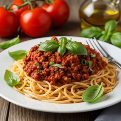 Spaghetti with meat sauce and basil