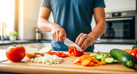 Man slicing fresh vegetables on a wooden board in the kitchen at home