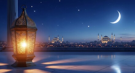 Ramadan lantern glowing at night with crescent moon and mosque in background, symbolizing islamic holy month and celebration
