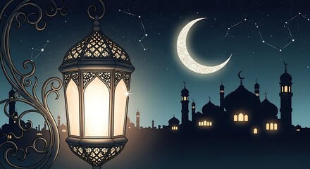 Ornate islamic lantern glows brightly against a starry night sky with a crescent moon and silhouetted mosque, evoking a sense of peace and spirituality during ramadan