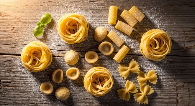 Various uncooked pasta shapes on wooden surface