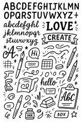 Hand-drawn doodle vector set of Hand Lettering and Typography Icons, designed in a creative sketch style, isolated on white background, Ideal for Both Digital and Print Use
