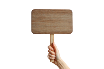 human hand holding blank demonstration wooden sign isolated on white or transparent png