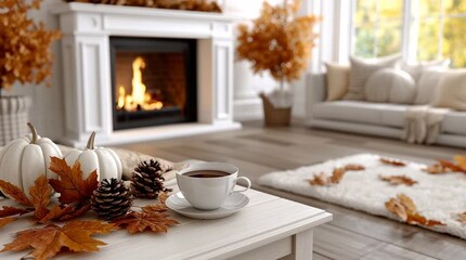 Enjoy a warm atmosphere in a beautifully decorated living room featuring a fireplace, tea, and autumn leaves - Powered by Adobe