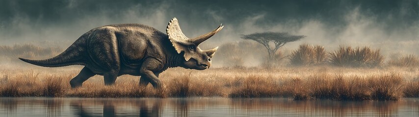 Fototapeta premium A large dinosaur is walking through a field