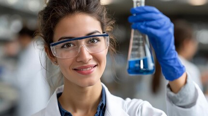 A scientist smiles while holding a flask filled with blue liquid, showcasing her passion for laboratory research and discovery