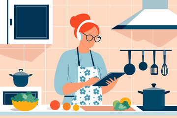 Woman using a digital device or assistive technology for visual impairment. Person cooking dinner at home with tablet, glasses and headphones for accessibility and independence
