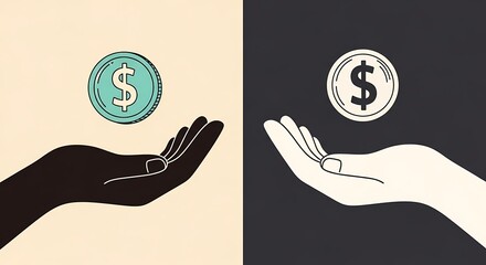 Two hands, one dark and one light, hold out open palms, each with a dollar coin floating above, symbolizing financial equality or disparity