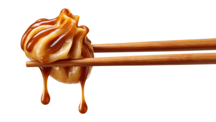 Delicious dumpling held with chopsticks, dripping soy sauce, cut out	
