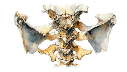 Naklejka premium Watercolor illustration of an animal's spine, with shoulder blades in a scientific perspective