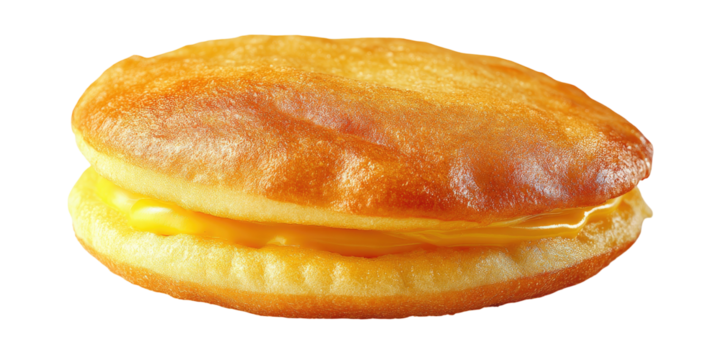 Close-up studio shot of a delicious, sandwich-like dessert with golden-brown, baked buns and yellow filling