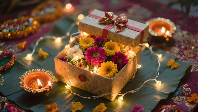 Diwali gift hamper with lights and flowers, festive flat lay