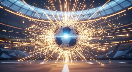 A soccer ball exploding with energy and light particles in a stadium, symbolizing power and dynamism in sports
