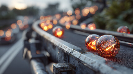 conveyor belt carrying glowing orbs of light, evoking futuristic technology, energy flow, and a dynamic, sci-fi inspired visual scene.