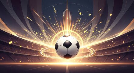 A soccer ball glows with golden light in a stadium, surrounded by a stadium and bright lights, symbolizing victory and competition