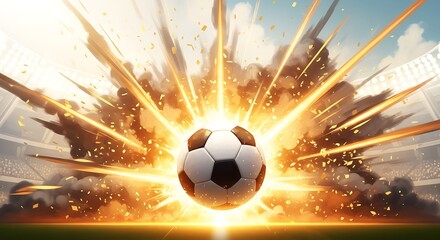 A soccer ball explodes with fiery energy in the center of a stadium, creating a dramatic and powerful visual effect