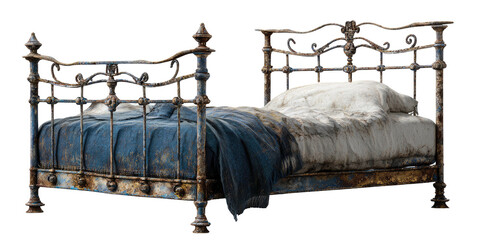 A weathered and rusty iron bed frame with bedding; a blue blanket and a white pillow on display