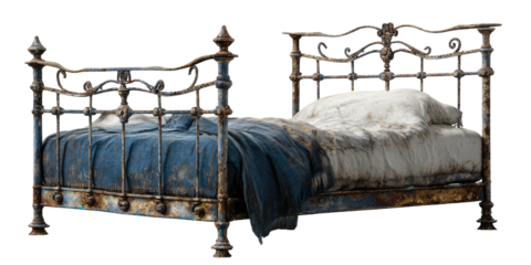 A weathered and rusty iron bed frame with bedding; a blue blanket and a white pillow on display