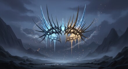 Naklejka premium Dark Fantasy Illustration of a Floating, Spiked Relic of Ice and Gold