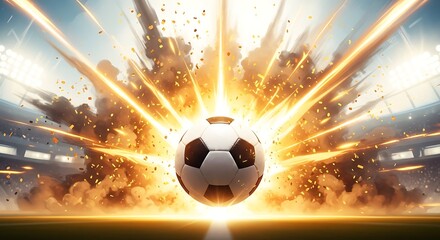 A soccer ball explodes with energy and light beams radiating outwards in a stadium, symbolizing power and excitement in sports