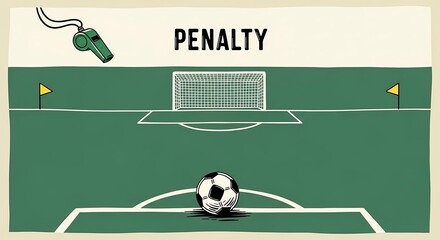 A soccer penalty kick scenario depicted with a ball on the spot, goal, and referees whistle, illustrating a crucial moment in a football match