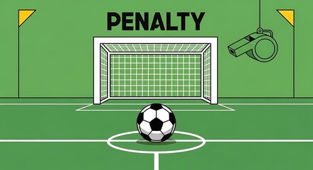 Soccer penalty kick situation with a goal, ball, whistle, and flags on a green field, representing a sports game