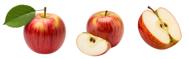 Braeburn apple set PNG. Ripe and delicious Braeburn apples different views isolated. Red apple top view flat lay isolated. Braeburn apple cut in half PNG